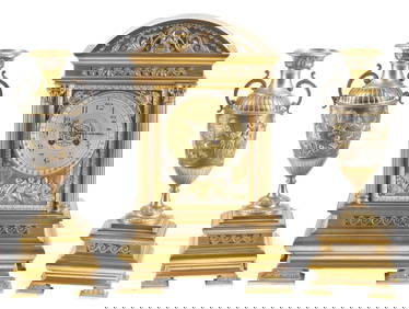 (3) FRENCH NEOCLASSICAL GILT MANTEL CLOCK & URN GARNITURES (1 of 6)