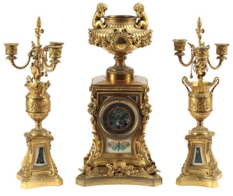 (3) FRENCH ORMOLU & PIETRA DURA MANTEL CLOCK & CANDELABRA