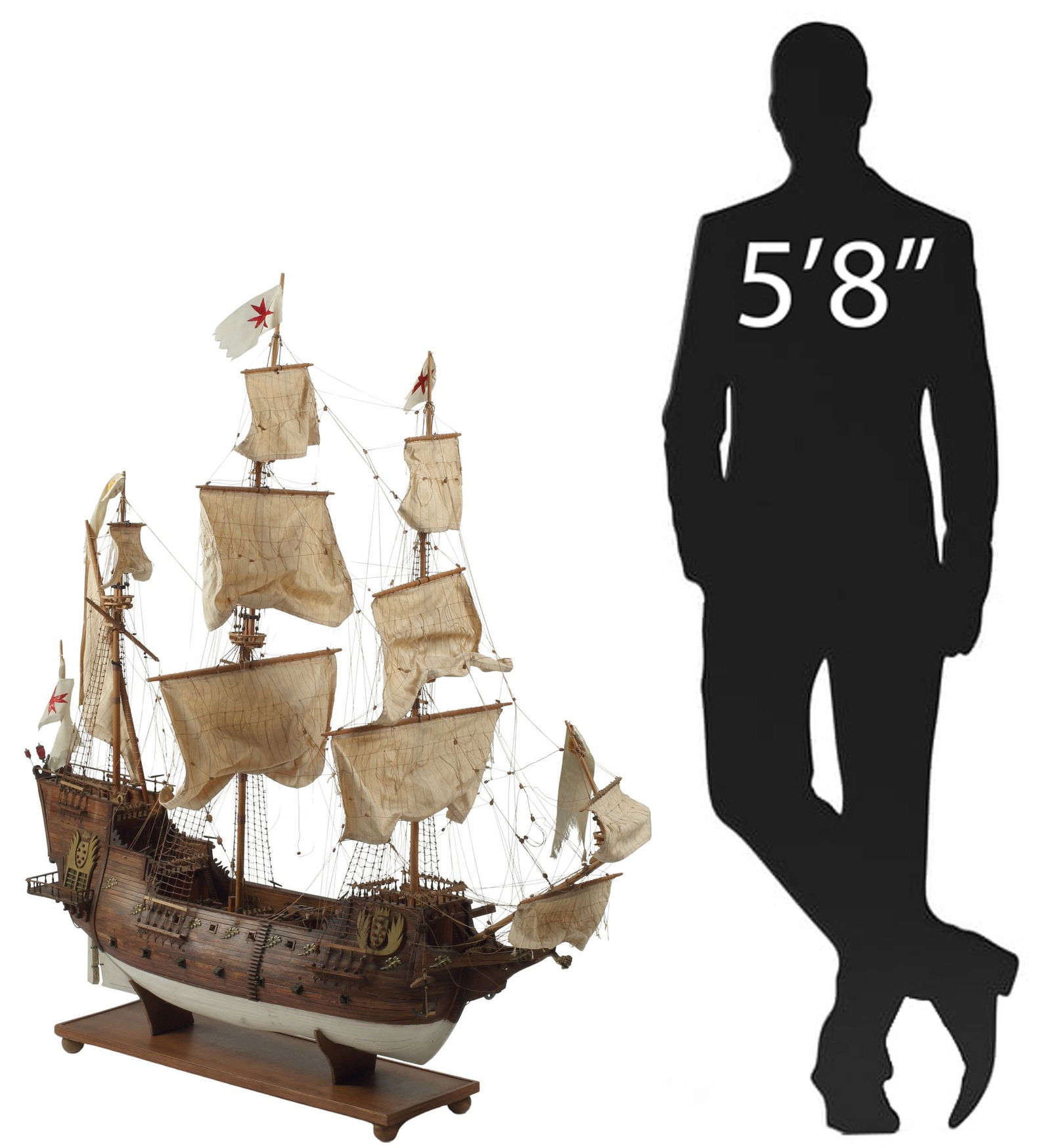 LARGE SPANISH GALLEON SAILING SHIP MODEL, 56.5"H: Model Spanish galleon sailing ship, carved wood vessel with canvas sails and string rigging, white and red flags with Maltese cross affixed at tops of masts, rising on display stand, overall: app