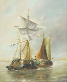 SIGNED E. BARTHELEMY OIL PAINTING, SAILING DUTCH SHIPS, 29" X 24"