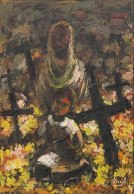SIGNED VILLA MIXED MEDIA BATIK PAINTING MADONNA & CHILD, 51" X 35.5"