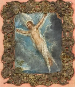ITALIAN SCHOOL PAINTING ON COPPER PLATE CRUCIFIED CHRIST SERAPH