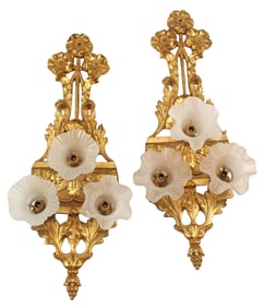 (2) ORMOLU & FROSTED GLASS FLORAL 3-LIGHT SCONCES