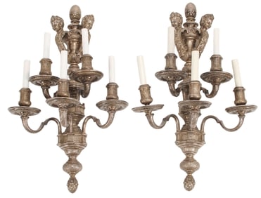 (2) REGENCE STYLE SILVERED BRONZE FIVE-LIGHT SCONCES