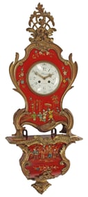 (2) FRENCH LOUIS XV STYLE CHINOISERIE RED-LACQUERED CLOCK ON BRACKET