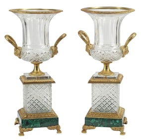 (2) BACCARAT STYLE ORMOLU & CUT GLASS VASES ON MALACHITE STANDS