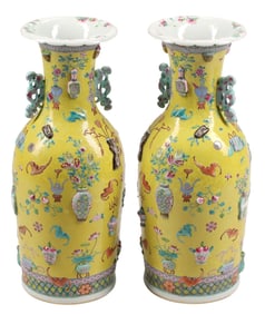 (2) CHINESE FAMILLE ROSE YELLOW-GROUND 'HUNDRED ANTIQUES' VASES, 24"H