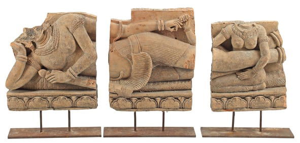 (3) ASIAN TERRACOTTA RELIEF PANELS ON IRON STANDS, RESTING VISHNU