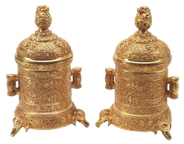 (2) EAST ASIAN GILT-BRONZE TRIPOD CENSERS & COVERS