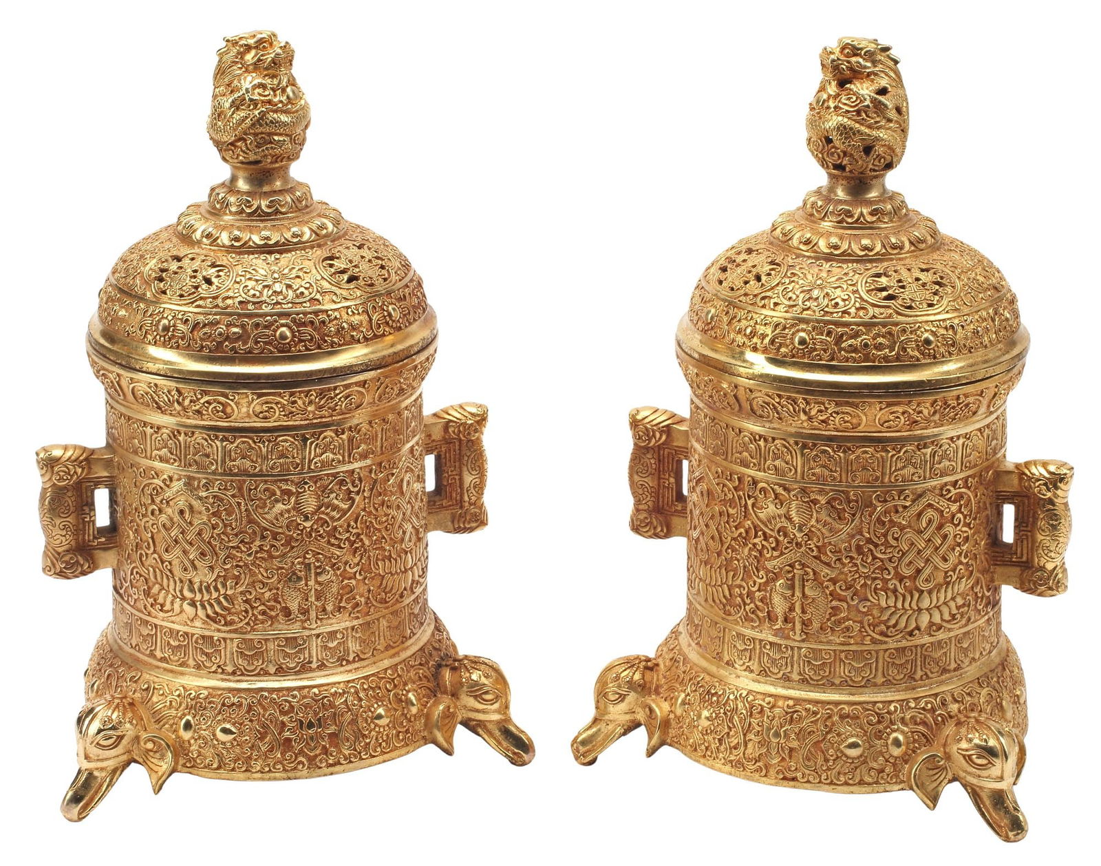 (2) EAST ASIAN GILT-BRONZE TRIPOD CENSERS & COVERS (1 of 5)