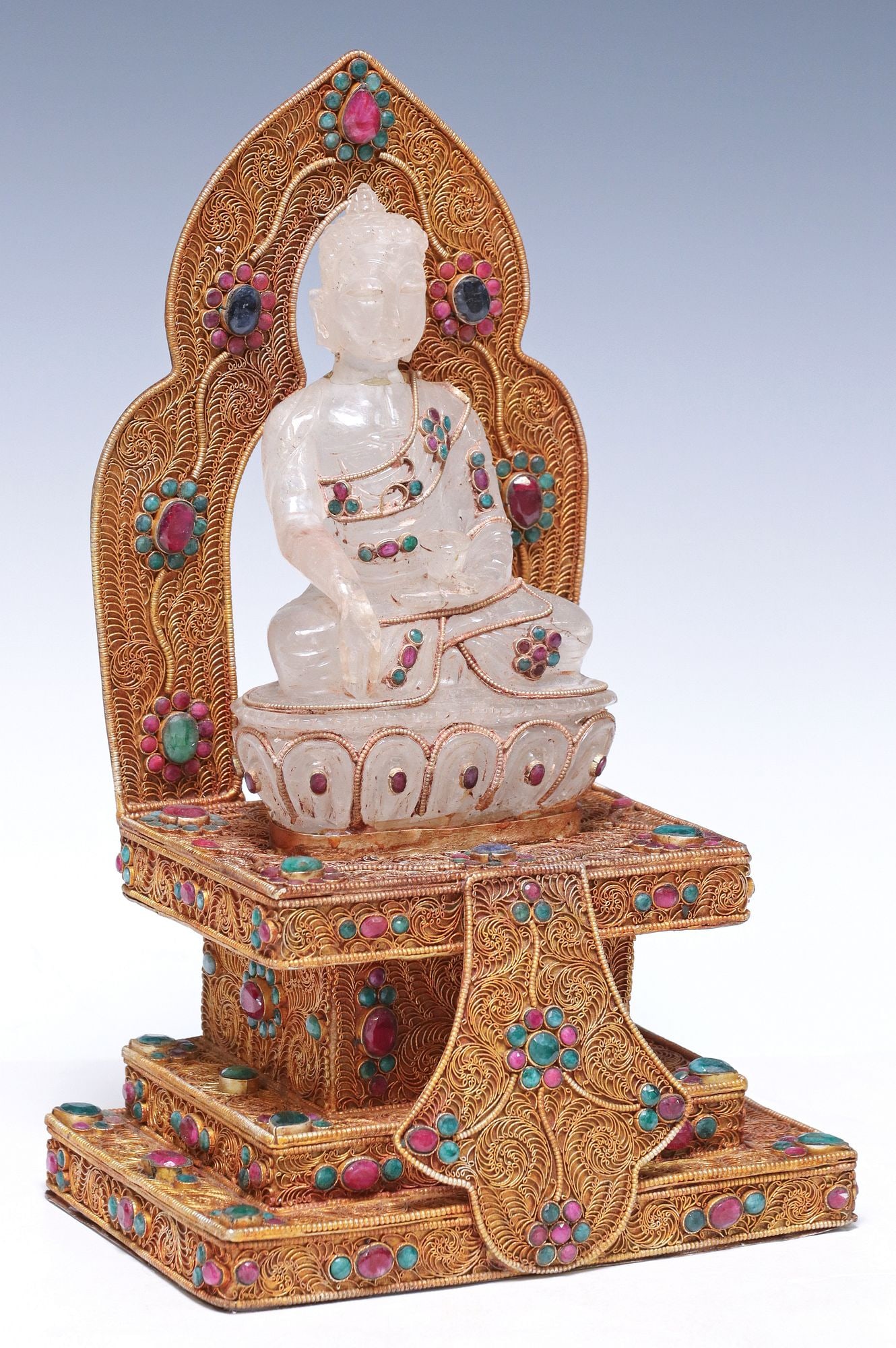 CARVED ROCK CRYSTAL BUDDHA ON GEM-ENCRUSTED FILIGREE THRONE (1 of 5)