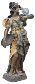 LARGE CONTINENTAL PAINT DECORATED TERRACOTTA MAIDEN STATUE, 44.75"H