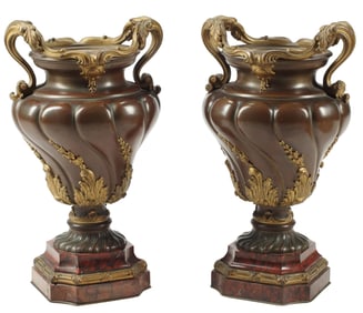 (2) FRENCH ORMOLU & PATINATED BRONZE VASES