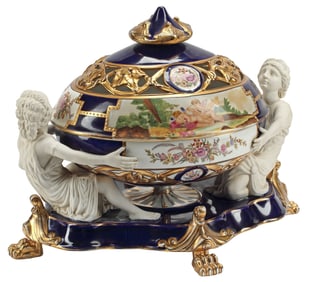 SEVRES STYLE BISCUIT & POLYCHROMED PORCELAIN POTPOURRI VASE & COVER