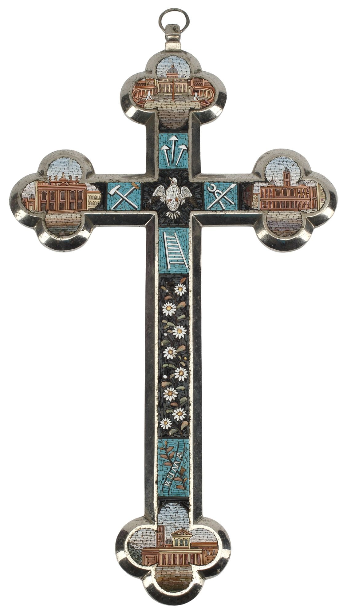 ITALIAN MICROMOSAIC CROSS IN SILVERED FRAME, ST. PETER'S BASCILIA (1 of 5)
