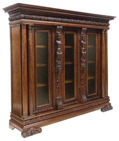 ITALIAN RENAISSANCE REVIVAL CARVED WALNUT GLAZED BOOKCASE, 80.5"H, 93.75"W