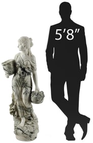 CARVED POLYCHROME MARBLE SCULPTURE, CLASSICAL MAIDEN, 52"H