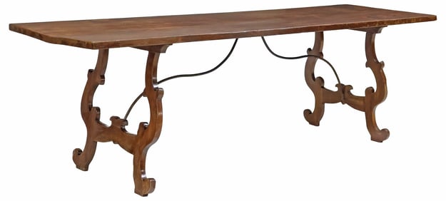 SPANISH TRESTLE-SUPPORT REFECTORY TABLE WITH SINGLE-BOARD TOP, 107"L