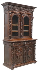 FRENCH HENRI II STYLE CARVED OAK HUNT BUFFET DEUX CORPS