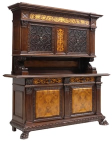 FINE ITALIAN RENAISSANCE REVIVAL CARVED WALNUT INLAID SIDEBOARD
