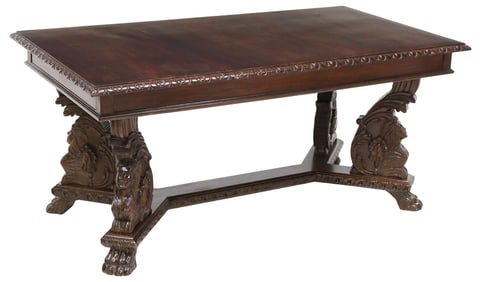 ITALIAN RENAISSANCE REVIVAL CARVED WALNUT FIGURAL DINING TABLE