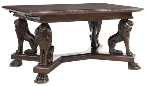ITALIAN RENAISSANCE REVIVAL CARVED WALNUT LIONS EXTENSION TABLE