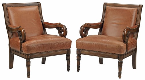 (2) REGENCY STYLE LEATHER UPHOLSTERED LIBRARY ARMCHAIRS