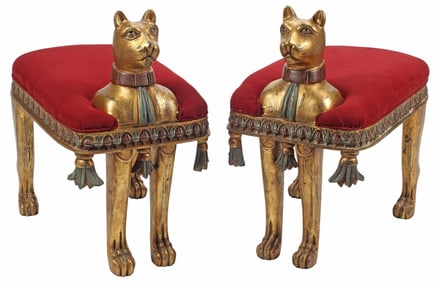 (2) EGYPTIAN STYLE PARCEL GILT CAT-FORM UPHOLSTERED BENCHES