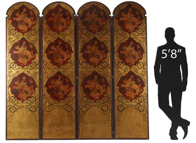 SPANISH STYLE PARCEL-GILT & PAINTED LEATHER FOUR-PANEL SCREEN