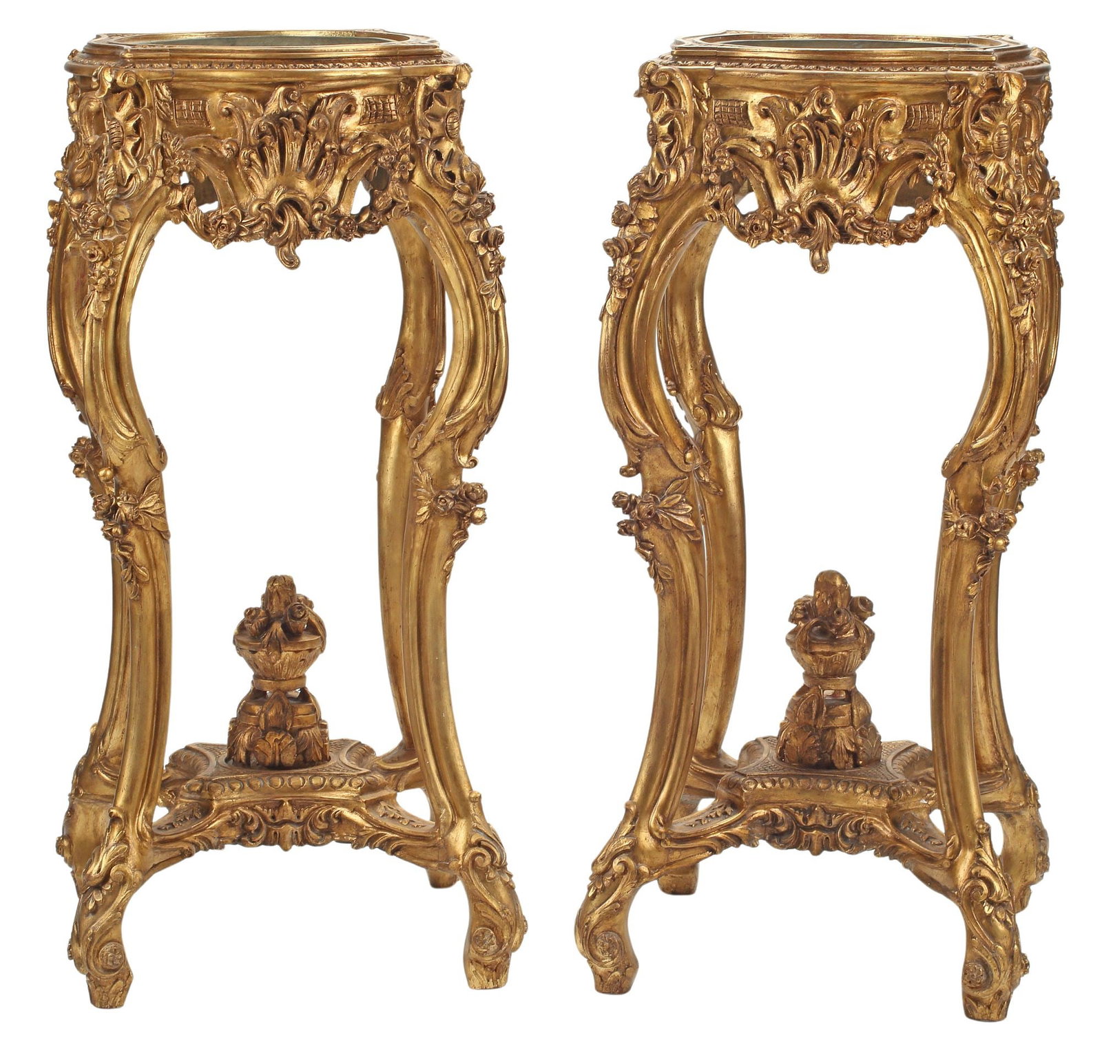 (2) LOUIS XV STYLE GILTWOOD STANDING JARDINIERES: (pair) Louis XV style giltwood standing jardinieres, each having shallow basin with removable metal liner, rising on cabriole legs, joined by medial shelf with raised foliate finial, approx 46&qu