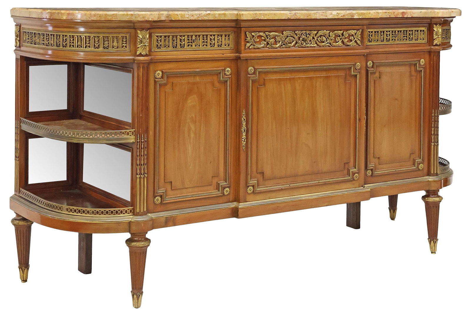 FRENCH LOUIS XVI STYLE MARBLE-TOP MAHOGANY COMMODE A L'ANGLAISE: French Louis XVI style mahogany sideboard, early 20th c., shaped marble top, over conforming breakfront case, fitted with three divided and felt-lined drawers, with elaborate pierced ormolu foliate mo