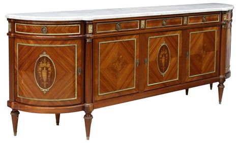 FRENCH LOUIS XVI STYLE MARBLE-TOP LACQUERED MARQUETRY SIDEBOARD