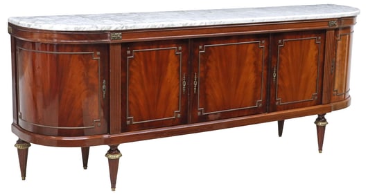 FRENCH LOUIS XVI STYLE MARBLE-TOP LACQUERED BREAKFRONT SIDEBOARD