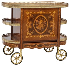 ITALIAN FLORAL MARQUETRY BAR CART WITH FALL-FRONT CABINET