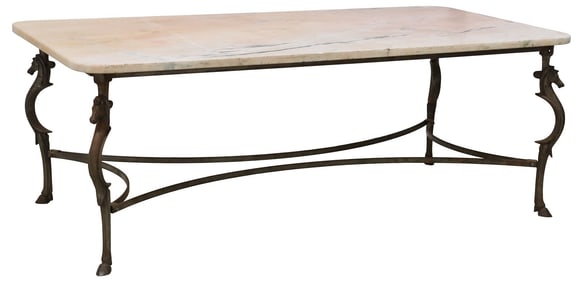 MANNER OF GILBERT POILLERAT (D. 1988)  FRENCH MARBLE-TOP CAST IRON TABLE, 78.75"L
