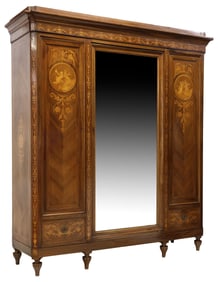 ITALIAN NEOCLASSICAL WALNUT & MARQUETRY MIRRORED ARMOIRE