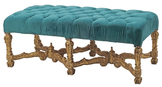 REGENCE STYLE GREEN-UPHOLSTERED GILT WINDOW BENCH