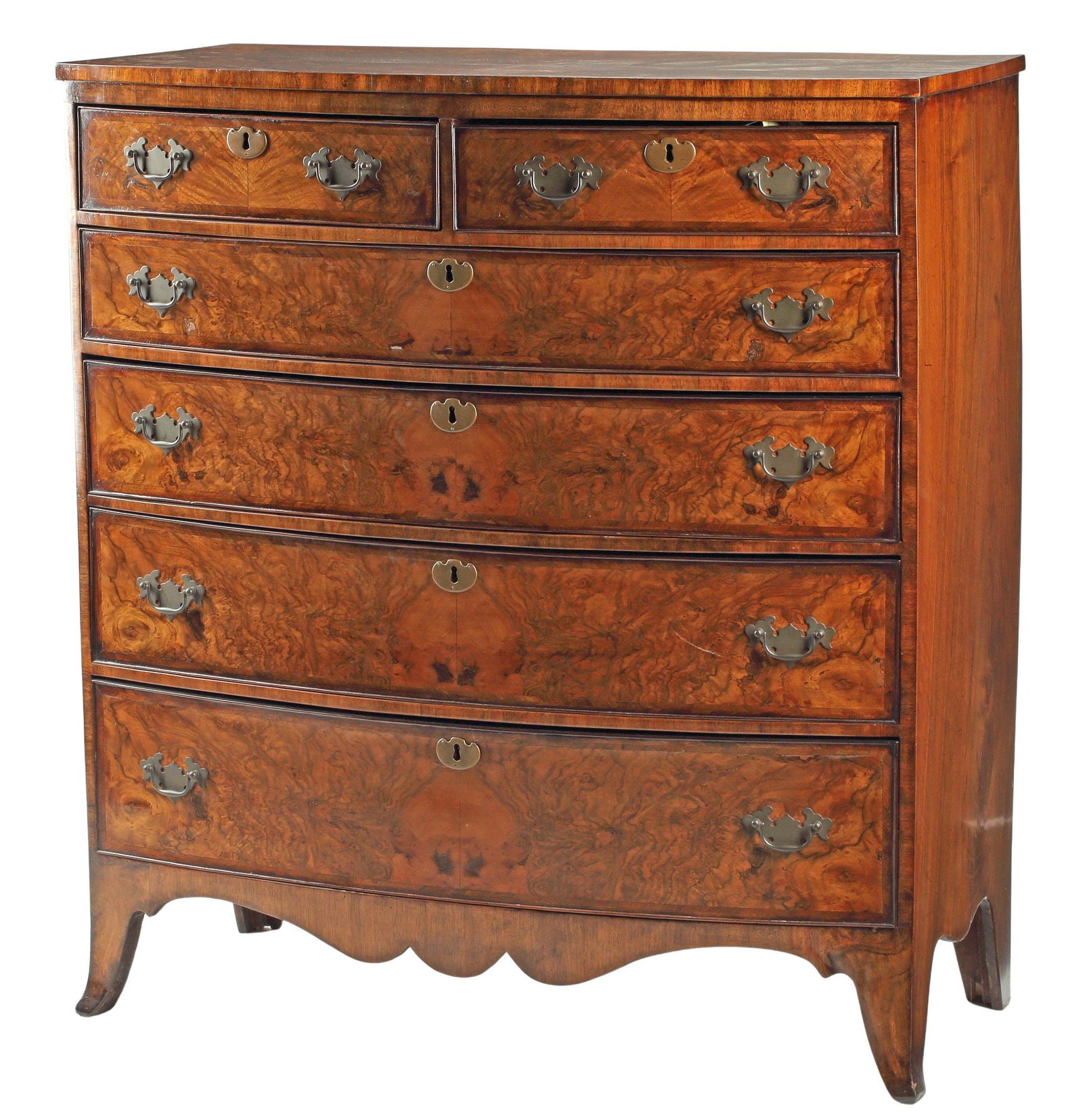 ENGLISH REGENCY BURLED WALNUT BOWFRONT CHEST (1 of 6)