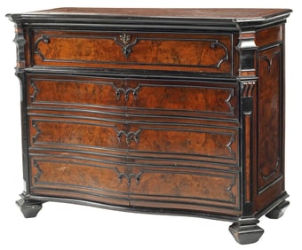 ITALIAN BAROQUE PARCEL-EBONIZED BURLED WALNUT COMMODE