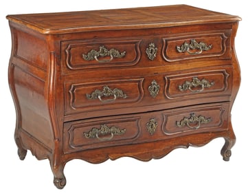 FRENCH PROVINCIAL WALNUT BOMBE COMMODE, 18TH C.