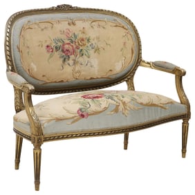 FRENCH LOUIS XVI STYLE TAPESTRY UPHOLSTERED GILTWOOD SOFA/ SALON SETTEE