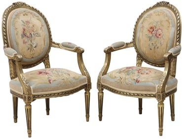 (2) FRENCH LOUIS XVI STYLE TAPESTRY-UPHOLSTERED GILTWOOD FAUTEUILS
