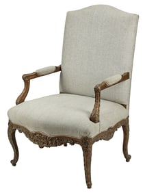 FRENCH REGENCE STYLE UPHOLSTERED & CARVED ARMCHAIR