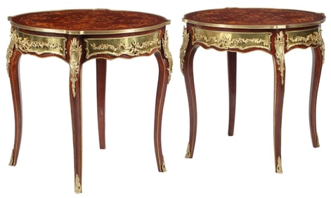 (2) LOUIS XV STYLE ORMOLU-MOUNTED MARQUETRY GUERIDONS