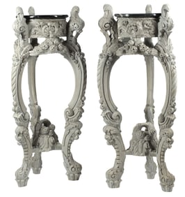 (2) MARBLE-TOP TRIANGULAR PEDESTAL STANDS