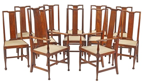 (12) ENGLISH ARTS & CRAFTS STYLE OAK DINING CHAIRS