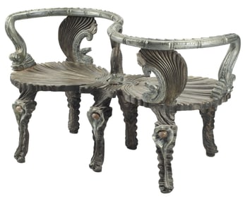 VENETIAN STYLE SILVER PAINTED 'GROTTO' TETE-A-TETE SETTEE