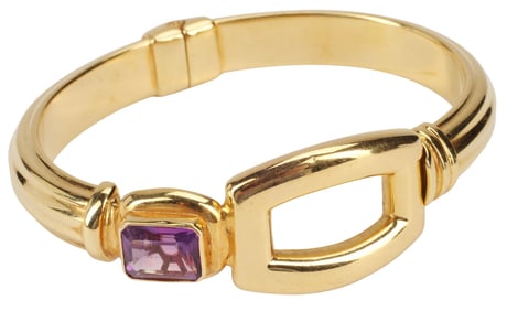 ESTATE ITALIAN 18KT GOLD & AMETHYST HINGED BANGLE BRACELET
