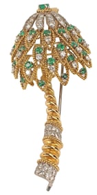 ESTATE 18KT GOLD EMERALD & 1.50CTTW DIAMOND PALM TREE BROOCH