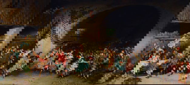 GIUSEPPE GALLI (ATTRIB) GENRE PAINTING LA TARANTELLA, 20.5" X 43"